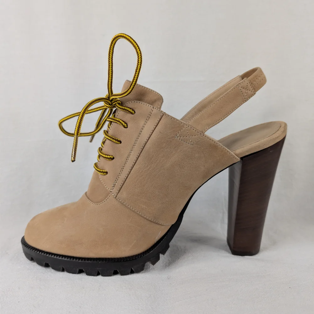Jenni Kayne Tan Suede Lace Up Slingback Heels Lug Sole Made in Italy Size 40